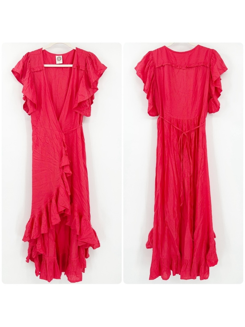 ELF Bali Made By Hand Carmen Red Ruffle Wrap‎ Vacation Party Maxi Dress Size S